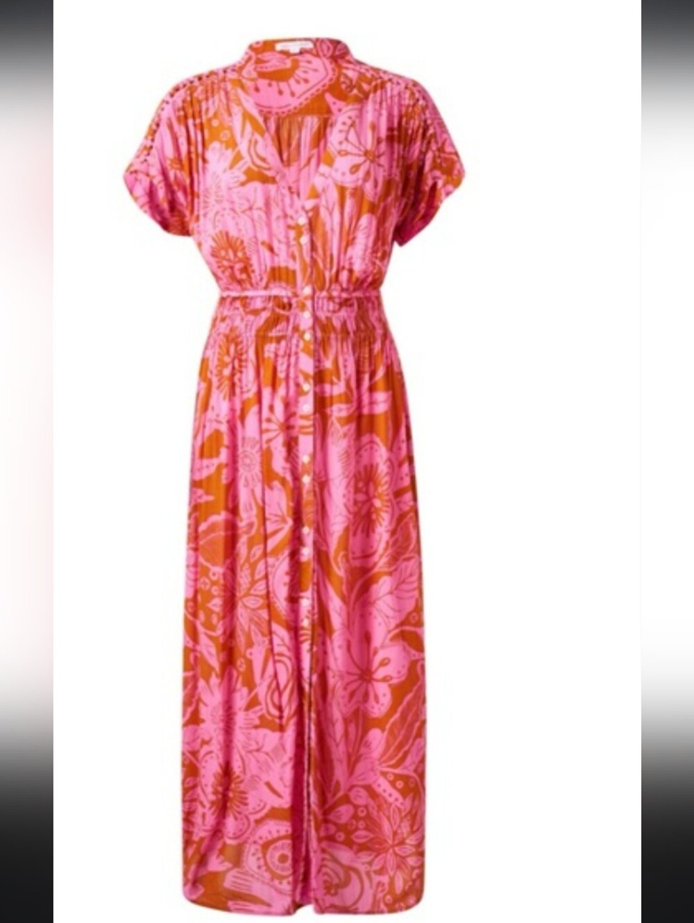 Poupette St. Barth Becky Pink Floral Midi Maxi Button V-Neck Smocked L Dress